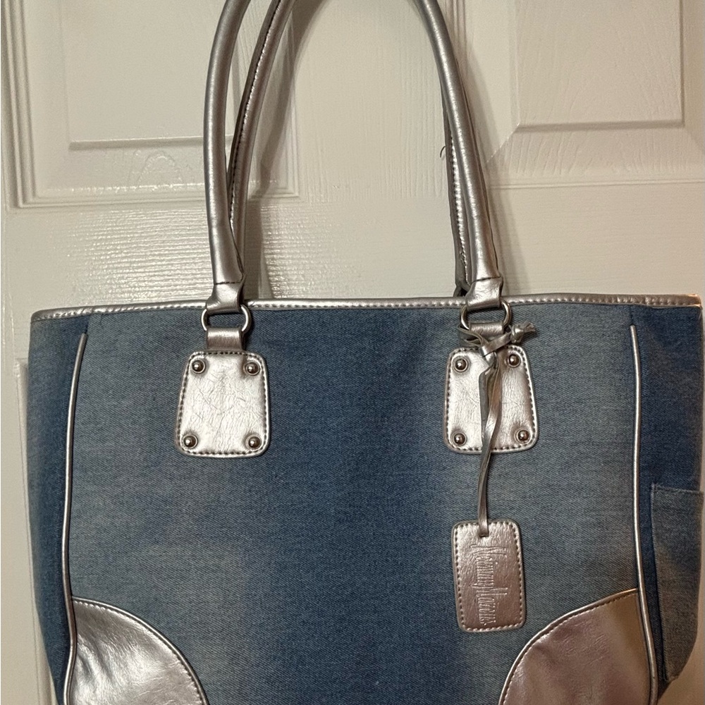 Neiman Marcus Denim Blue and Metallic Silver Tote